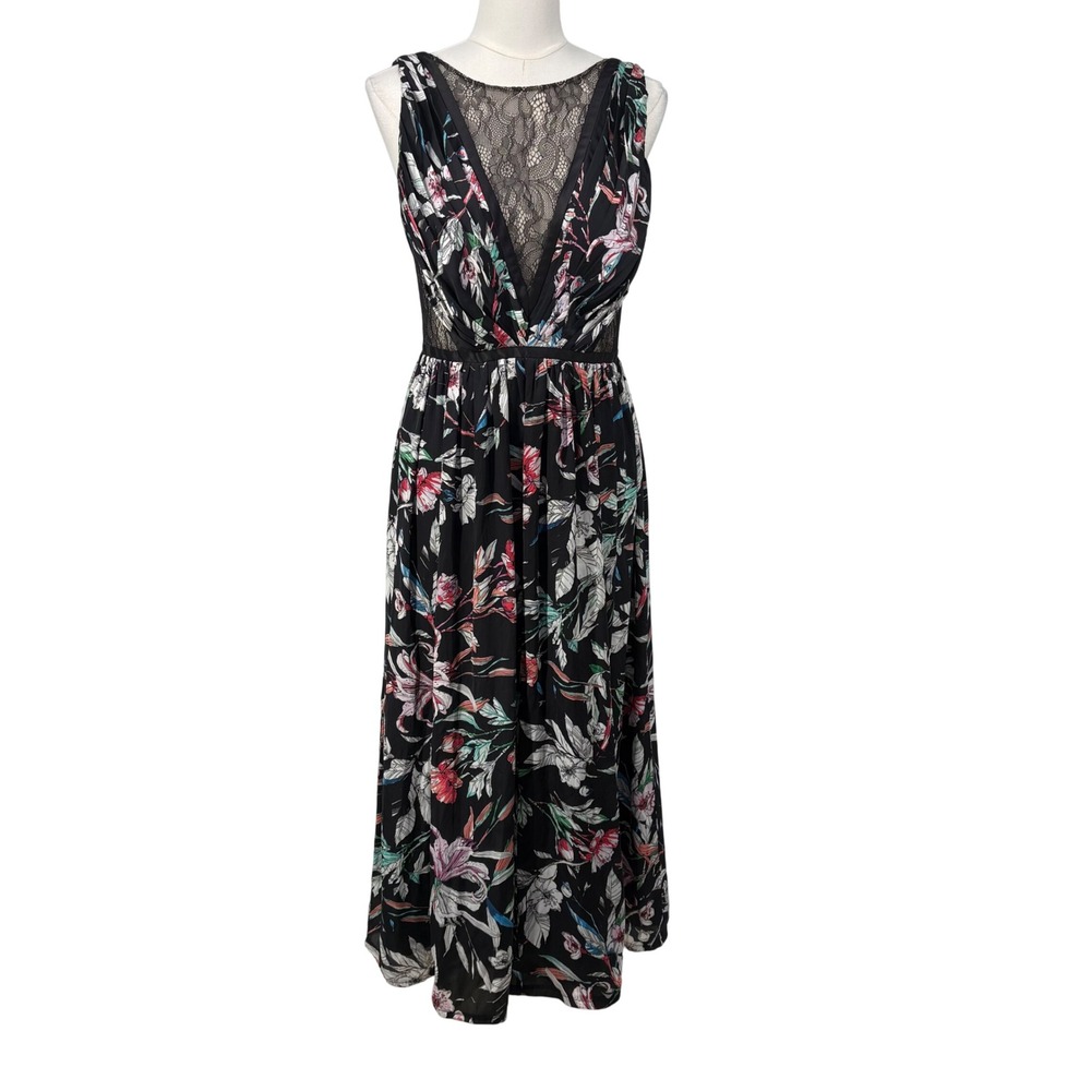 Adrianna Papell Satin‎ Floral Maxi Dress Size 6 Lace Inset V-Neck Low Back Fairy